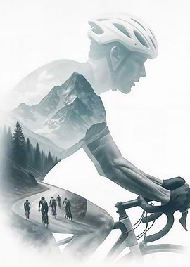 Cyclist in Mountain Landscape Double Exposure