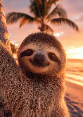 Cute Sloth on a Tropical Beach Sunset