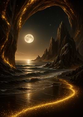 Mystical Beach at Night with Golden Light