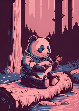 Panda playing guitar in the forest