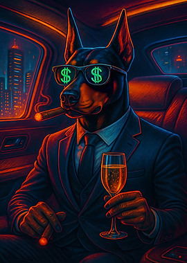 Doberman in Suit with Champagne