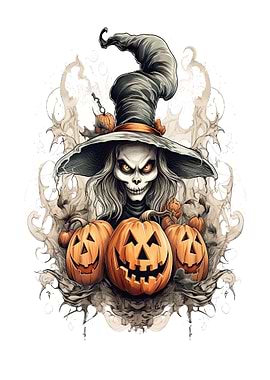 Halloween Witch with Pumpkins Illustration