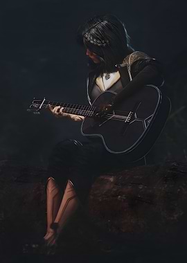 Woman playing guitar in dark setting