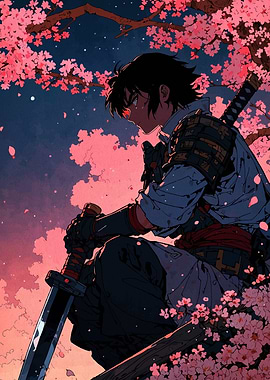 Anime Samurai Under Cherry Blossoms