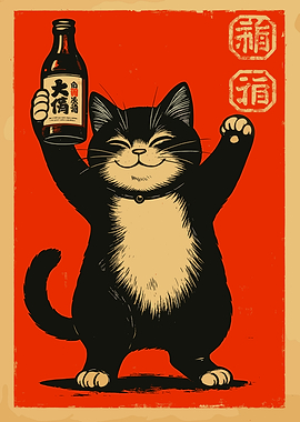 Lucky Cat with Bottle Illustration