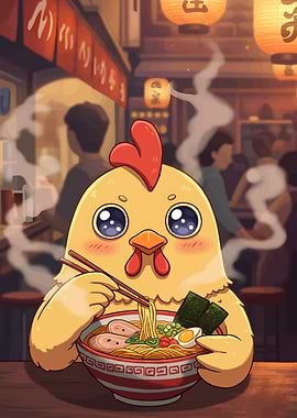 Cute Chicken Eating Ramen Illustration