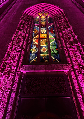 Hallgrimskirkja Stained Glass Window with Pink Lighting