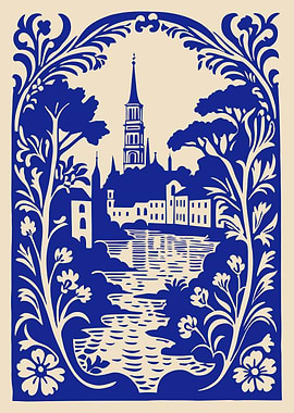 Blue and Beige Landscape Illustration