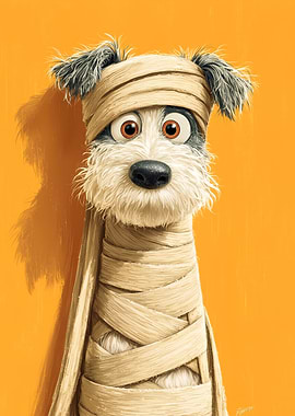 Cartoon Dog Mummy on Orange Background