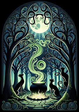 Witch's Cauldron with Cats and Moon