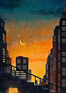 Rainy Cityscape with Crescent Moon