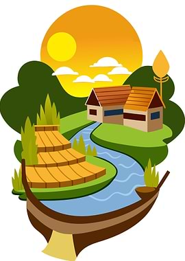 Terraced Paddy Fields with Houses, River and Boat at Sunset Art