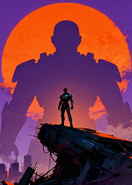 Sci-Fi Warrior with Giant Silhouette