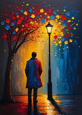 Man under street light painting