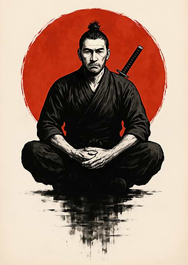 Meditating Samurai with Red Sun