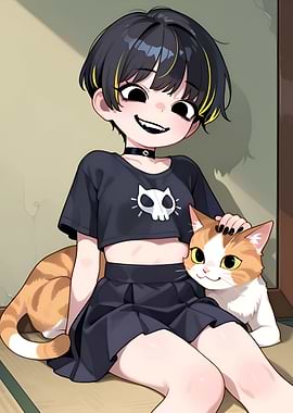 Anime girl and cuddling a cat