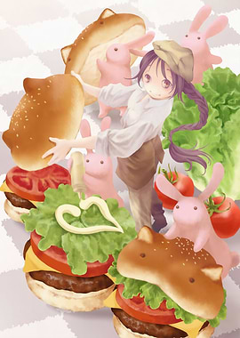 Anime Girl with Burgers and Bunnies