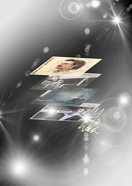 Stack of album covers with signature