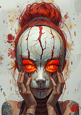 Cracked Mask Woman with Fiery Eyes