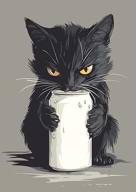 Black cat drinking an energy drink