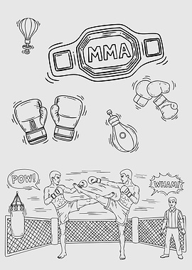 MMA Fighting Sketch with Equipment and Fighters