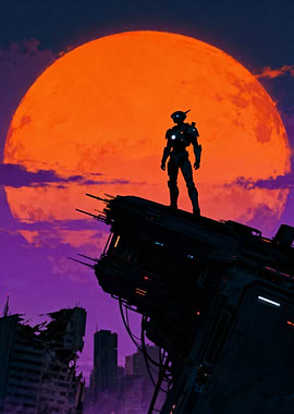 Cyberpunk Warrior on Ruined Structure