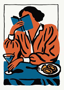 Woman Reading with Drink and Food