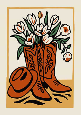 Cowboy Boots with Flowers and Hat
