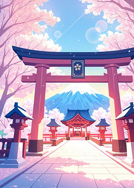 Japanese Shrine with Mount Fuji Cherry Blossoms Sakura Torii Gate
