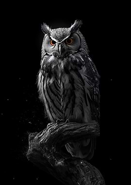 Owl Portrait on Branch, Dark Background