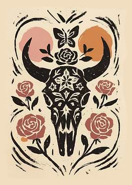 Floral Bull Skull Linocut Western Boho Art