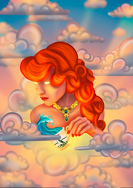Dreamy Woman with Teacup in Clouds
