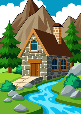 Stone Cottage House with Chimney by River and Mountains Landscape
