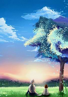 Anime Couple Under a Tree at Sunset