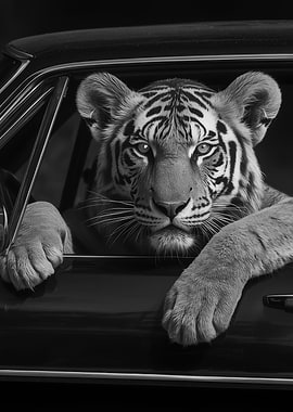 Tiger in Car, Black and White