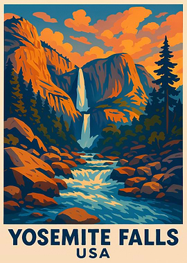 Yosemite Falls USA Vintage Travel Poster