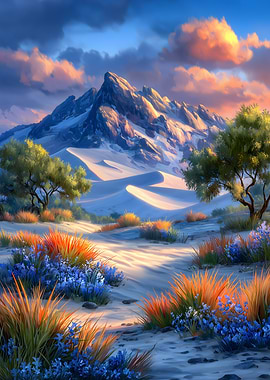 Mountain landscape with desert and flowers