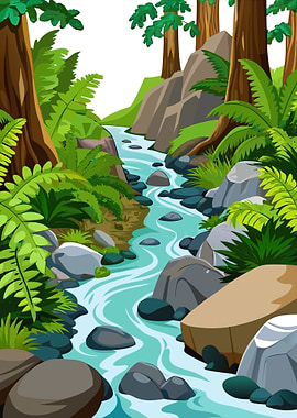 Lush Jungle River Flowing Through Rocky Forest Landscape Illustration
