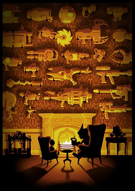 Cartoonish Room with Fireplace and Weapons