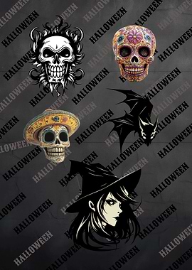 Halloween Skulls, Bat, and Witch Collage