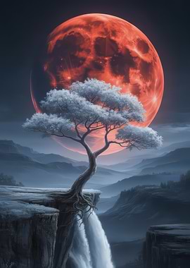 Blood Moon Tree Waterfall Landscape