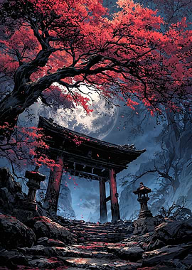 Japanese Torii Gate with Red Tree
