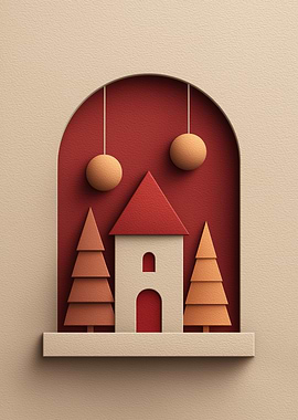 Minimalist Christmas Scene with House and Trees