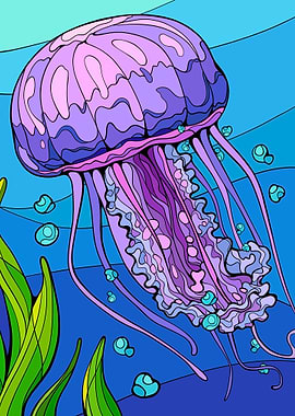 Purple Jellyfish in Blue Ocean Illustration