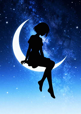 Girl Silhouette on Crescent Moon