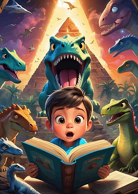 Boy Reading Dinosaur Book Adventure