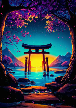 Japanese Torii Gate at Sunset