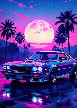 Retro Car Palm Trees Moon