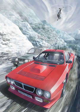 Cars racing in snowy mountains