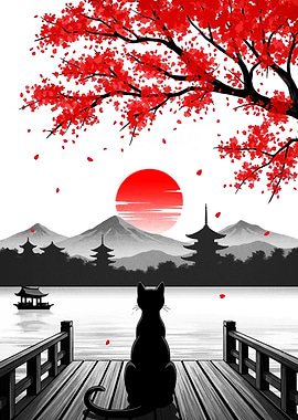 Black Cat Gazing at Japanese Landscape